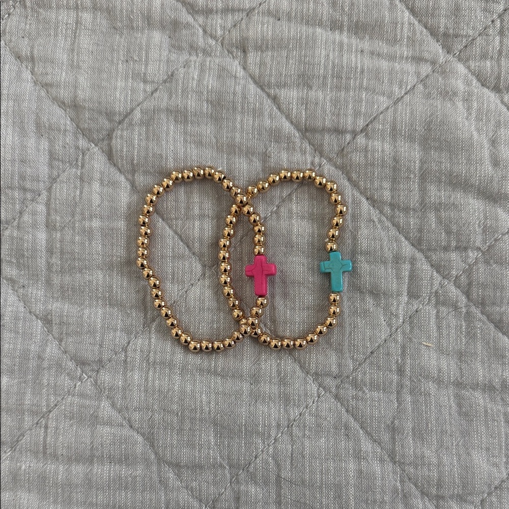 Gold Beaded Bracelets with Pink and Blue Cross Charms NWOT